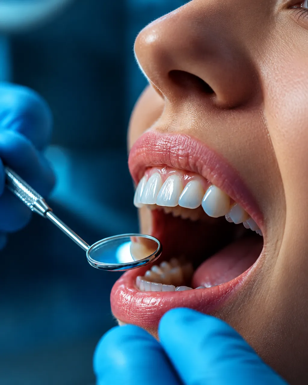 Revisión dental preventiva con espejo y guantes azules