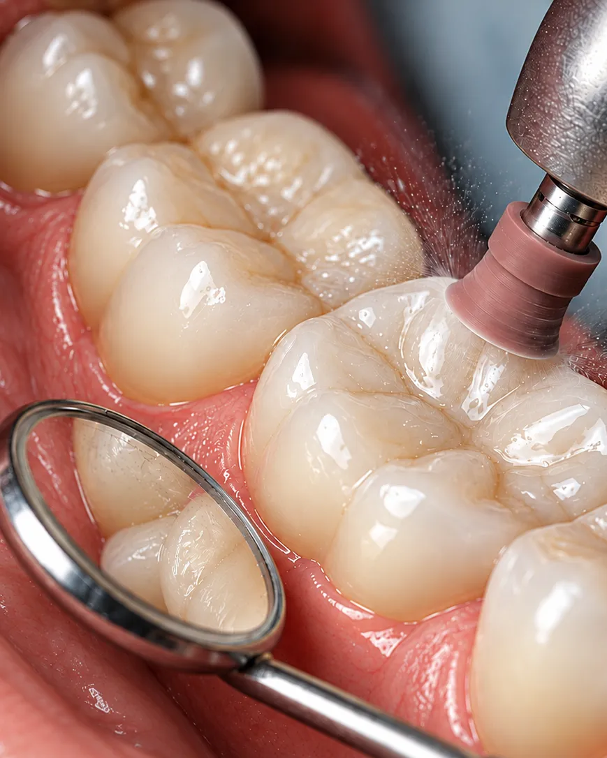 Pulido de muelas con espejo dental